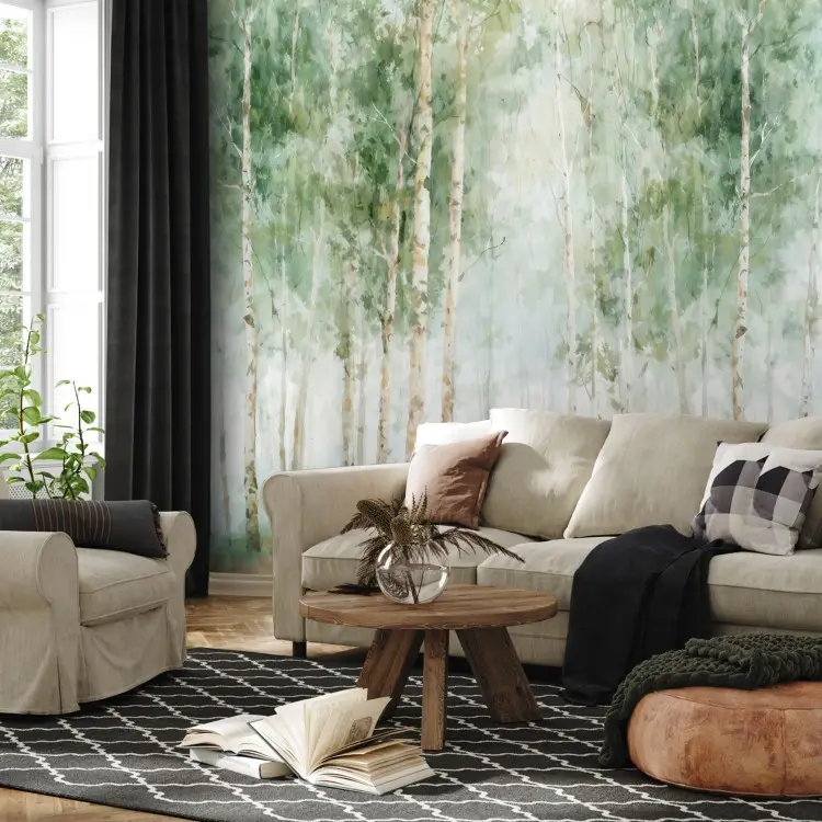 Berkenbos - Een delicate aquarel met lichte boomstammen in een groene waas.
