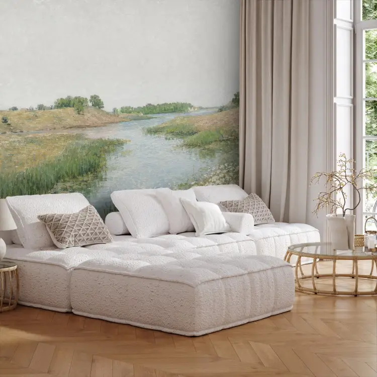 Een rustige rivier - een idyllische weide met bloeiende witte details