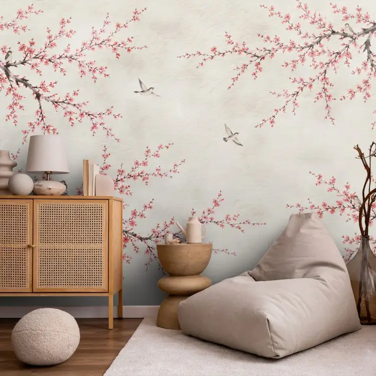 Roze bloemen - kersentakken met vogels op een lichte achtergrond