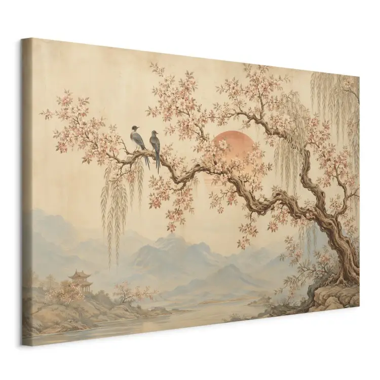 Kersenboom - Japans landschap, vogels op een tak, rode zon