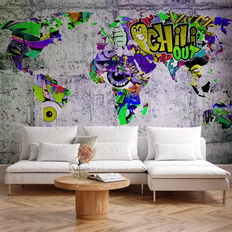 Graffitiwereld - kleurrijke wereldkaart op een betonnen achtergrond voor tieners