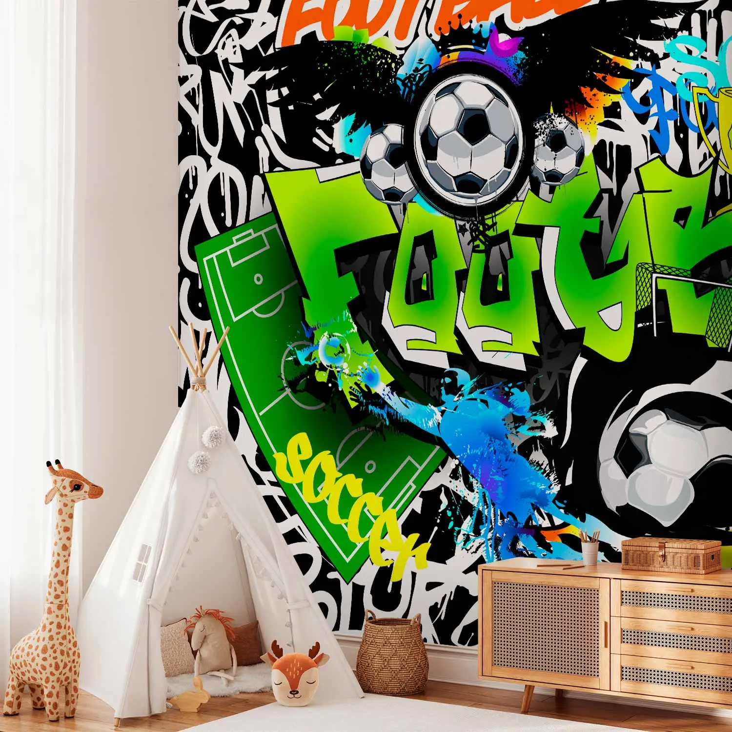 Voetbal muurschildering behang vlam graffiti foto behang