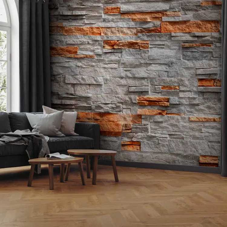 fotobehang-duo-beige-achtergrond-met-steenstructuur-en-oranje